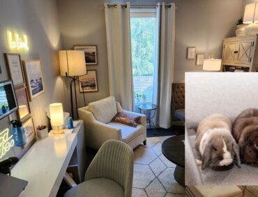 Inviting couples therapy room in Hinsdale, IL, featuring cozy seating, warm lighting, and a calming atmosphere. Two adorable therapy rabbits are present to help create a comforting environment.
