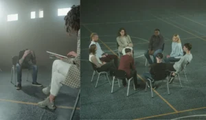 A group therapy session with diverse LGBTQ+ individuals sitting in a circle, led by a therapist. The participants appear engaged in a supportive discussion, highlighting the importance of trauma-informed counseling for LGBTQ+ clients.