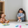 Young girl showing signs of childhood anxiety while sitting alone in a quiet, toy-filled playroom corner.